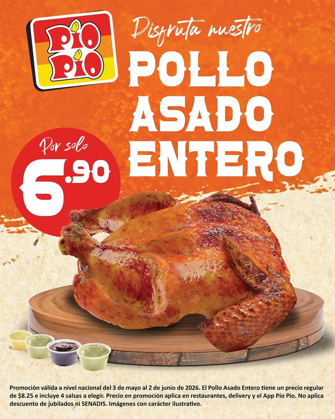 Pollo Asado Entero a solo $6.90 en Pío Pío