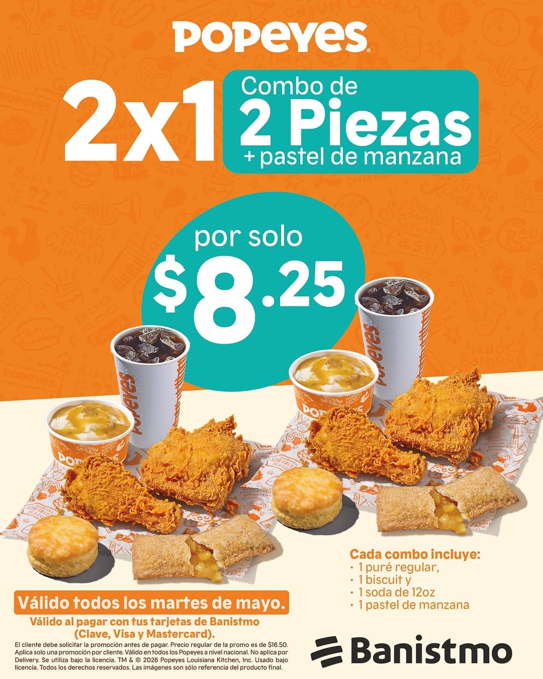 2x1 Combo de 2 Piezas + Pastel de Manzana en Popeyes