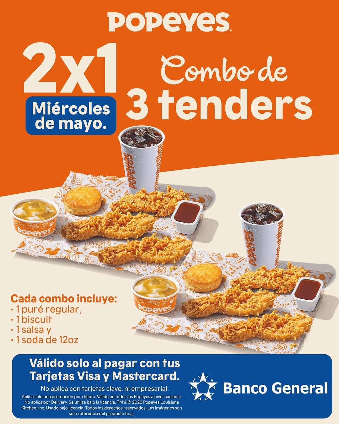 2x1 en Combo de 3 Tenders en Popeyes