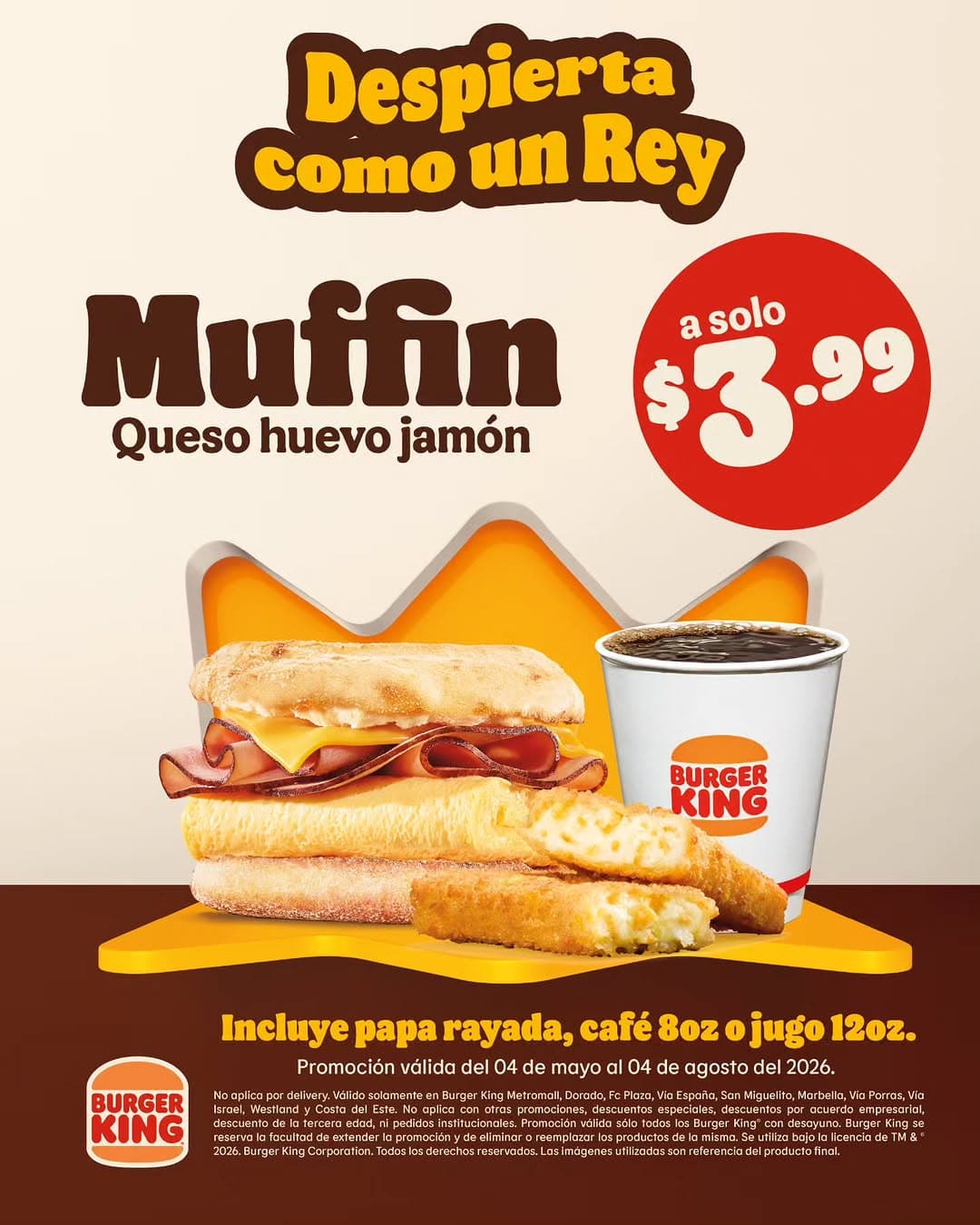 Desayuno Muffin Queso, Huevo y Jamón a solo $3.99