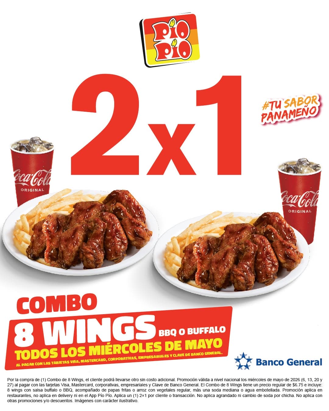 2x1 en Combo de 8 Wings en Pío Pío con Banco General