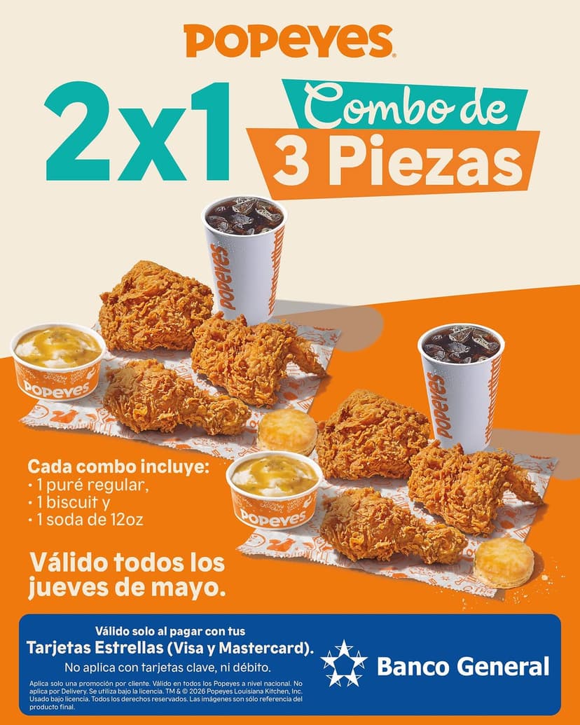 2x1 en Combo de 3 Piezas en Popeyes