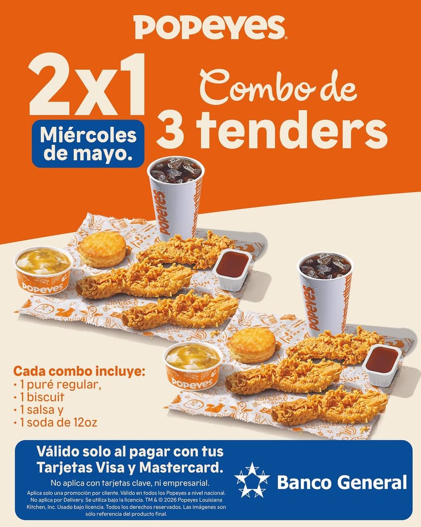 2x1 Combo de 3 tenders en Popeyes con Banco General