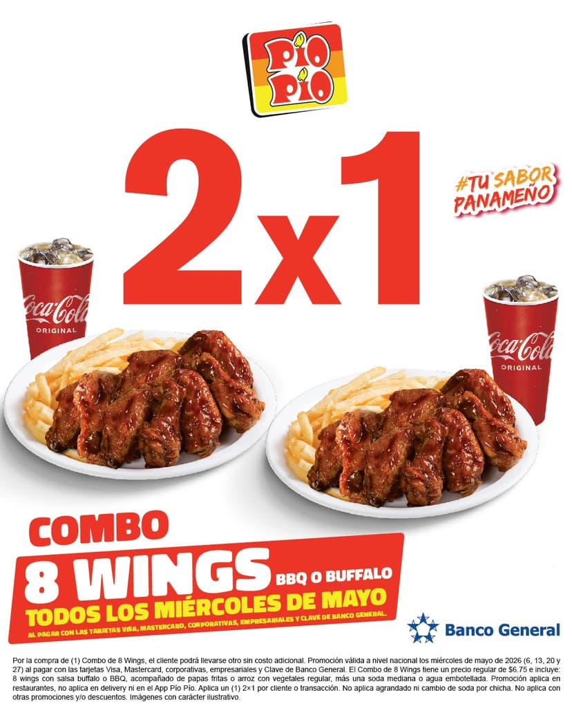 2x1 en Combo de 8 Wings en Pío Pío