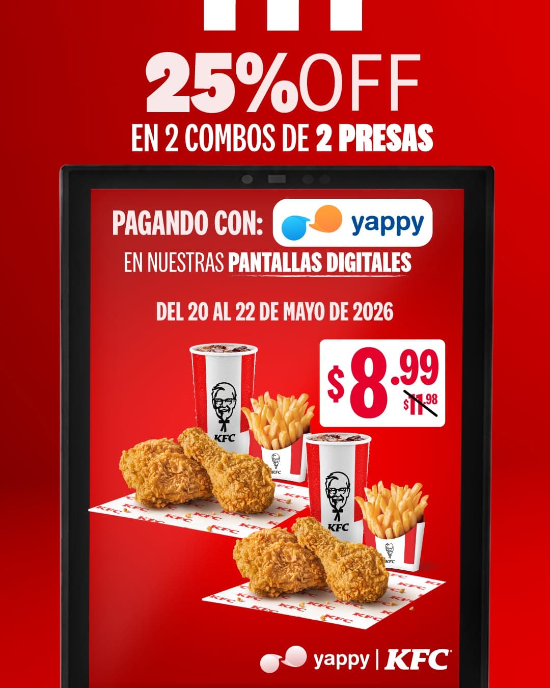 25% OFF en 2 combos de 2 presas en KFC pagando con Yappy